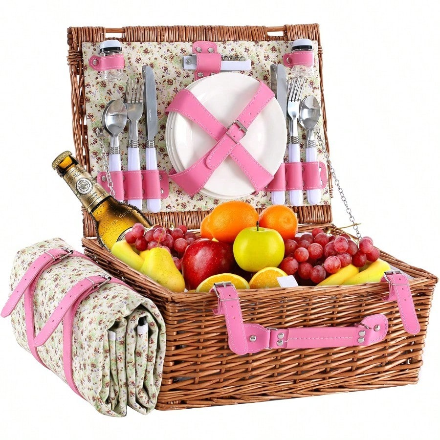 Wicker Picnic Basket For 4 Wit - Outdoor Camping Blanket reseña y precio
